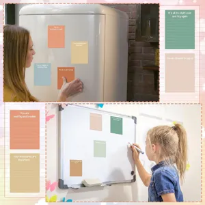 Detail view of Morandi color mental health sticky notes in use on fridge and whiteboard.