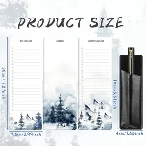 Chinese ink style magnetic notepad set with leather pen holder, size spec chart image.