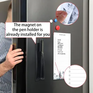 Magnetic pen holder and scenic notepad detail view showcasing refrigerator attachment features.