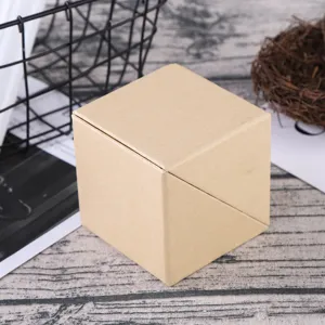Square kraft paper box detail view, natural brown finish for sticky note holder or packaging.