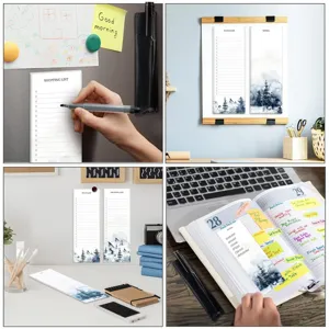 Magnetic shopping list notepad with watercolor landscape design, tear-away memo pad for fridge.