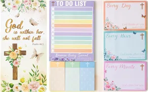 Vue détaillée du bloc-notes adhésif floral religieux avec des versets bibliques et une liste.