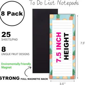 Bloc de notas magnético con diseño de piña, pack de 8 de 25 hojas para listas.