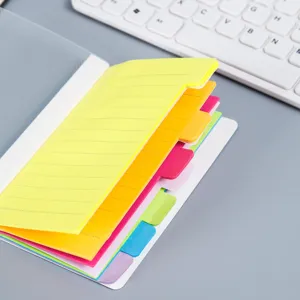 Cuaderno de notas adhesivas indexadas coloridas portatiles con pestanas rasgables detalles.