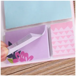 Gros plan détaillé du set de notes adhésives colorées, montrant texture et motifs.