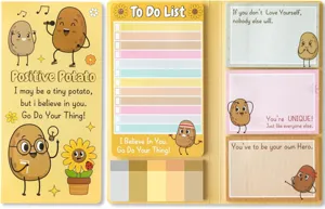 Joli set de notes adhésives patate positive et bloc-notes avec un design motivant coloré.