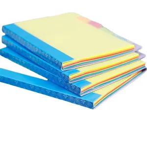 Juego de cuadernos de notas coloridos portatiles con lomo azul y paginas multicolores.
