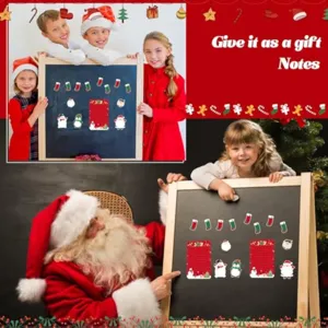 Détail de notes adhésives de Noël avec motifs festifs sur tableau, parfait pour les cadeaux.