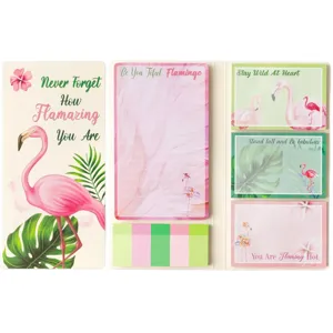 Bloc notes adhésif motif flamand rose avec des notes colorées pour bureau et école.