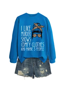 Women casual blue crewneck sweatshirt paired with stylish denim shorts, fun graphic print top.