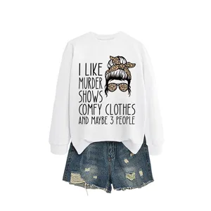 Women white long sleeve sweatshirt with funny letter graphic print, casual pullover top.