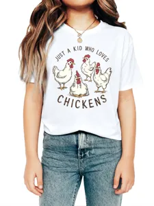 Kids casual white short sleeve t-shirt featuring fun chicken graphic and cute letter print design.