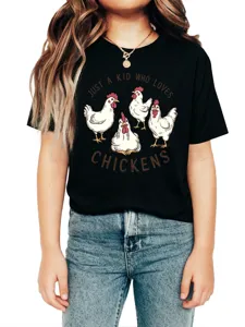Kids short sleeve black t-shirt detail showing funny chicken graphic and quote print.
