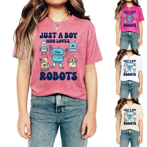 Detail view of kids graphic t-shirt featuring cute robot print and soft cotton fabric blend.
