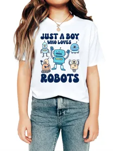 Kids casual white short sleeve t-shirt featuring cute robot graphic print for boys daily wear.