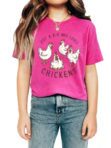 Details of the cute kids pink short sleeve t-shirt with funny chicken graphic print.