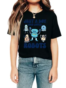 Boys short sleeve black t-shirt featuring cute cartoon robots graphic and cool text print.