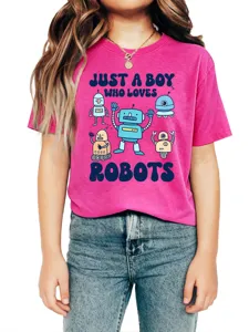 Kids bright pink short sleeve t-shirt featuring cute robot graphic and fun print.