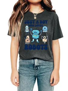 Boys robot graphic t-shirt short sleeve dark grey tee children apparel detail view.