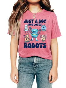 Children pink short sleeve t-shirt featuring cute robot graphic and fun slogan design.