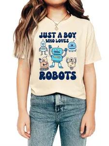 Detail view of the kids short sleeve t-shirt with cute robot graphic print and letters.