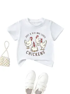 Kids cute chicken graphic t-shirt white short sleeve casual top outfit daily wear.