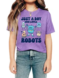 Kids purple short sleeve t-shirt featuring cute robot graphic and fun text print for boys.