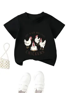 Black kids t-shirt with cute chicken graphic and funny letter print for casual daily wear.