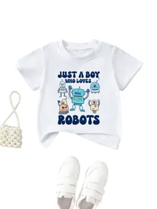 Detail shot of white kids t-shirt with cute robot print and slogan text for boys daily wear.