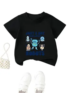Detail view of black kids short sleeve t-shirt featuring cute blue robot graphic print.