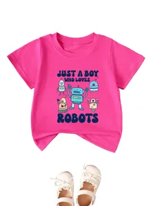 Pink kids short-sleeve t-shirt featuring cute robot graphic print and fun novelty quote detail.