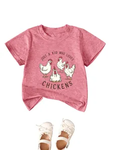 Cute toddler pink t-shirt with chicken graphic and cute matching white baby shoes.
