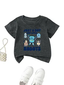 Kids dark grey short sleeve t-shirt detail showing cute robot graphic print and round neck design.