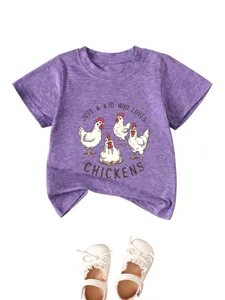 Kids purple short sleeve t-shirt featuring cute chicken graphic print and casual style.