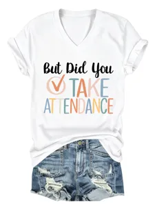 Casual white V-neck short sleeve T-shirt with funny letter print graphic tee for women.