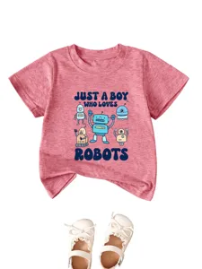 Close-up detail of the cute cartoon robot graphic printed on the soft pink toddler t-shirt.
