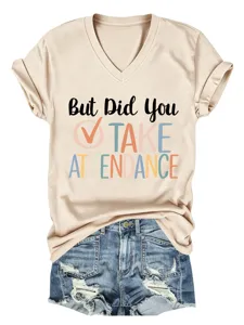 Casual women's V-neck short sleeve t-shirt with graphic print detail, comfortable and stylish.