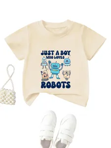 Detailed view of cute boys short sleeve t-shirt with robot print and matching stylish props.