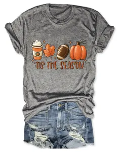 Donna vintage lavaggio grigio maglietta manica corta autunno zucca grafica top tee