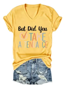 Casual comfortable women's V-neck short sleeve t-shirt with slogan graphic, perfect for daily wear.