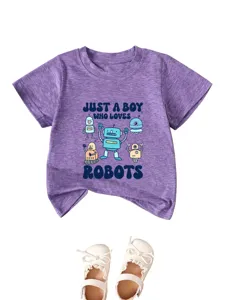 Boys short sleeve t-shirt with cute cartoon robot print and comfortable cotton blend fabric.