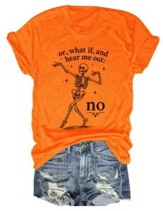 Orange short sleeve graphic tee with dancing skeleton print, paired with stylish denim shorts.