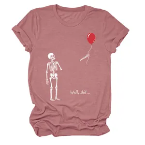 Casual women's short sleeve crewneck t-shirt featuring a funny skeleton and red balloon graphic.