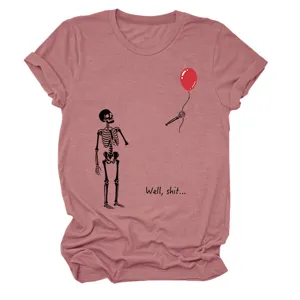 Detail view of casual women skeleton graphic short sleeve t-shirt, unique print.