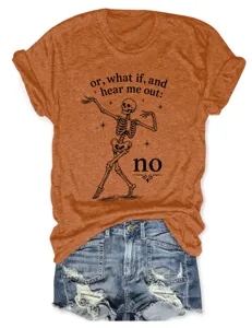 Women short sleeve t-shirt casual orange crewneck skeleton graphic top for daily wear