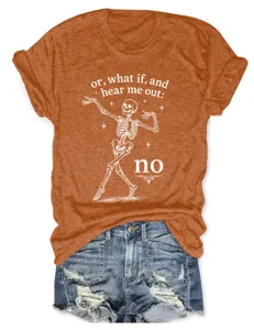 Women casual orange short sleeve T-shirt with funny skeleton graphic and denim shorts.