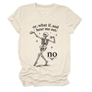Close-up detail of casual beige short sleeve t-shirt featuring funny skeleton graphic.