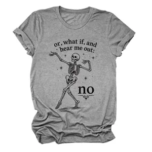 Women's gray short sleeve t-shirt featuring a funny skeleton graphic, casual crew neck top.