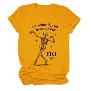 Women's casual short sleeve crewneck t-shirt in mustard yellow with funny skeleton graphic.