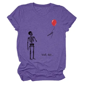 Women purple heather short sleeve t-shirt with funny skeleton balloon graphic print top.